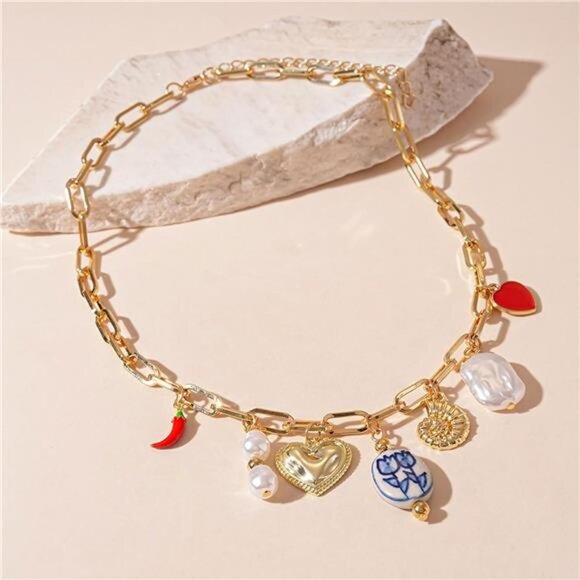 Gold Charm Necklace | Heart & Pearl Pendant | Trendy Ceramic Conch Summer - Picture 3 of 5